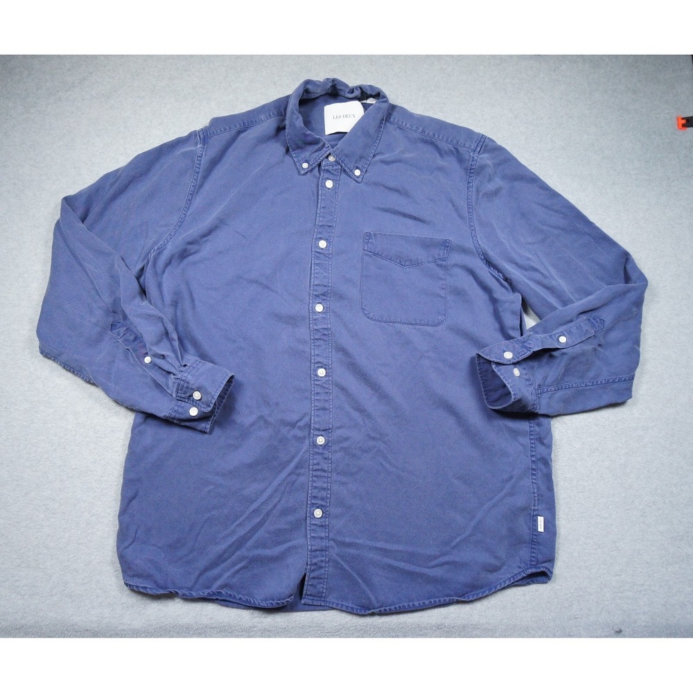 Les Deux Shirt Mens XLarge Blue Button Up Long Sleeve Tencel Collared Casual